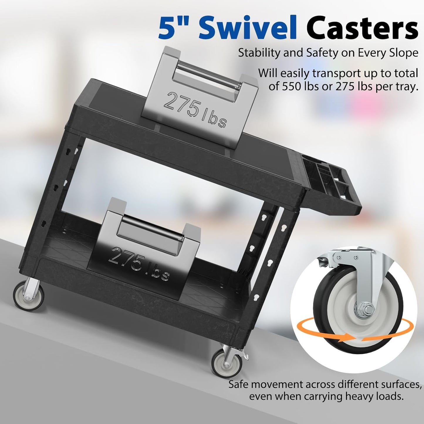 Heavy Duty Flat Top Utility Cart with Wheels 2-Tier Utility Plastic Service Work Cart for Shop, Garage, Warehouse, Maintenance 550 lbs