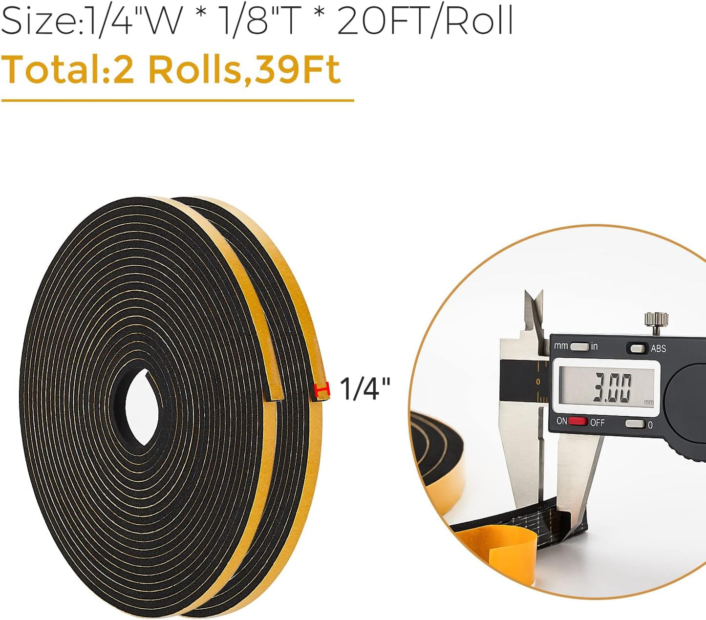 39 Feet Weather Stripping Door Seal, 1/4" Wide X 1/8" Thick Door Seal Strip High Density Foam Tape Adhesive Strip for Door Soundproofing,Window Insulation (1/4" x 1/8" x 39FT,Black)