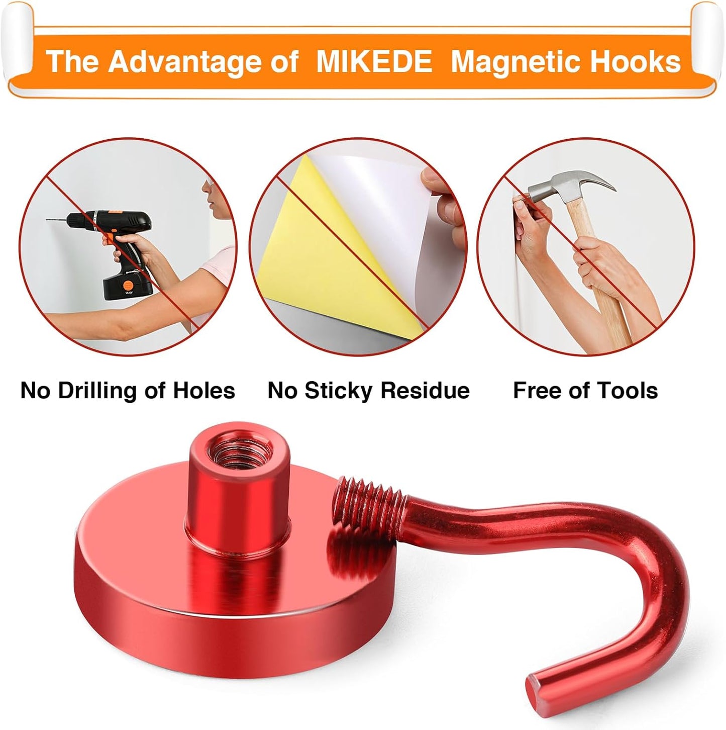 MIKEDE Magnetic Hooks Heavy Duty, 40 Lbs Magnet with Hooks for Cruise Cabins, Strong Magnets Neodymium for Hanging, Magnetic Wall Hooks for Refrigerator, Locker, Workplace(Red, 4 Pack)