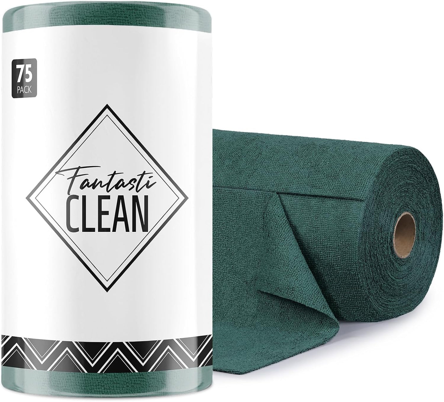 Fantasticlean Microfiber Cleaning Cloth Roll -75 Pack, Tear Away Microfiber Towels, 12" x 12", Reusable, Washable, Scratch Free, Ultra Absorbent for Car, Home Supplies (Forest Green)