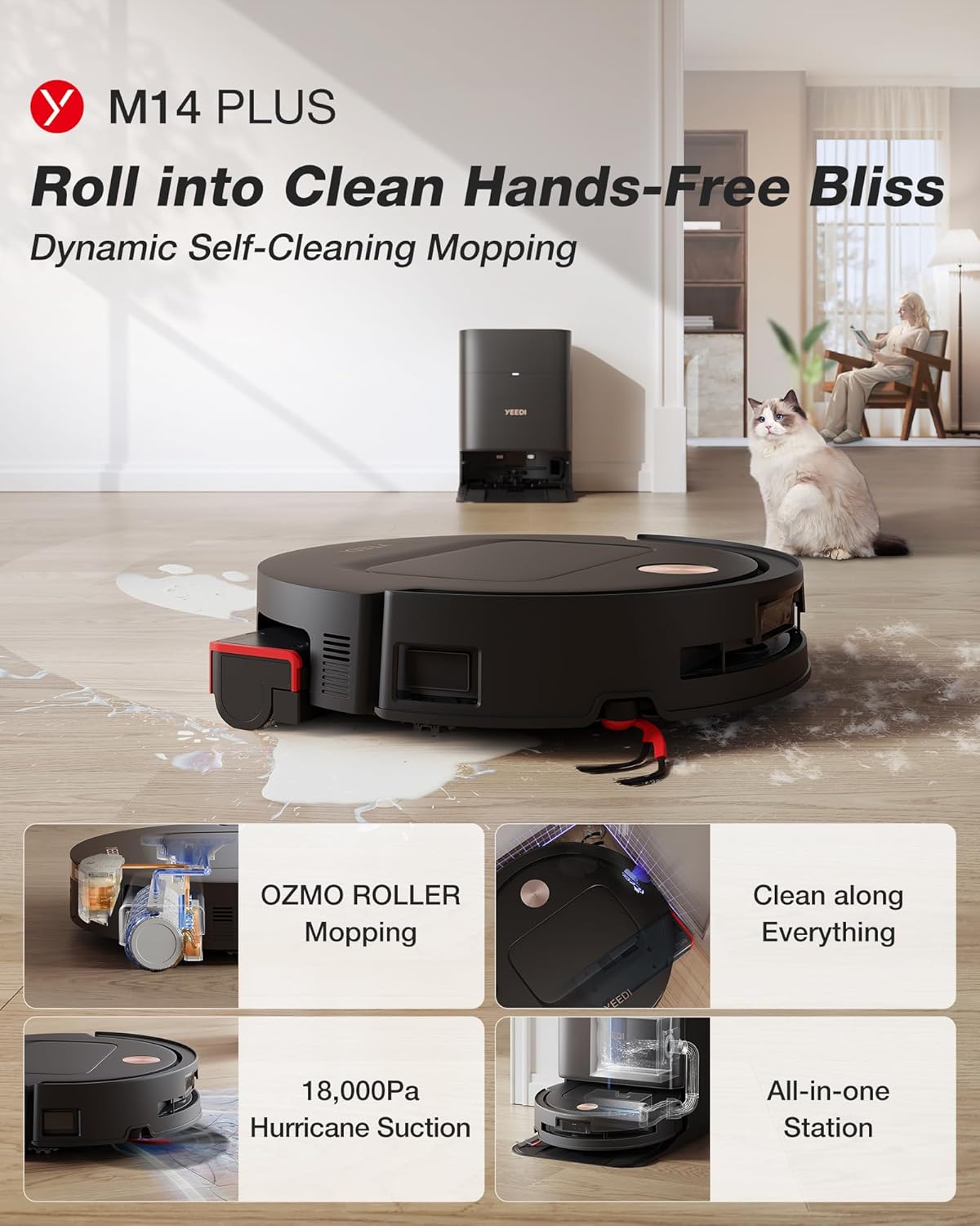 Yeedi M14 Plus Robot Vacuum and Mop, 18,000Pa Suction, OZMO Roller Instant Self-Washing Mopping, 167℉ Smart Dynamic Hot Wash & Auto-Dry, ZeroTangle 3.0 Anti-Hair Brush, All-in-One Omni Station, Black