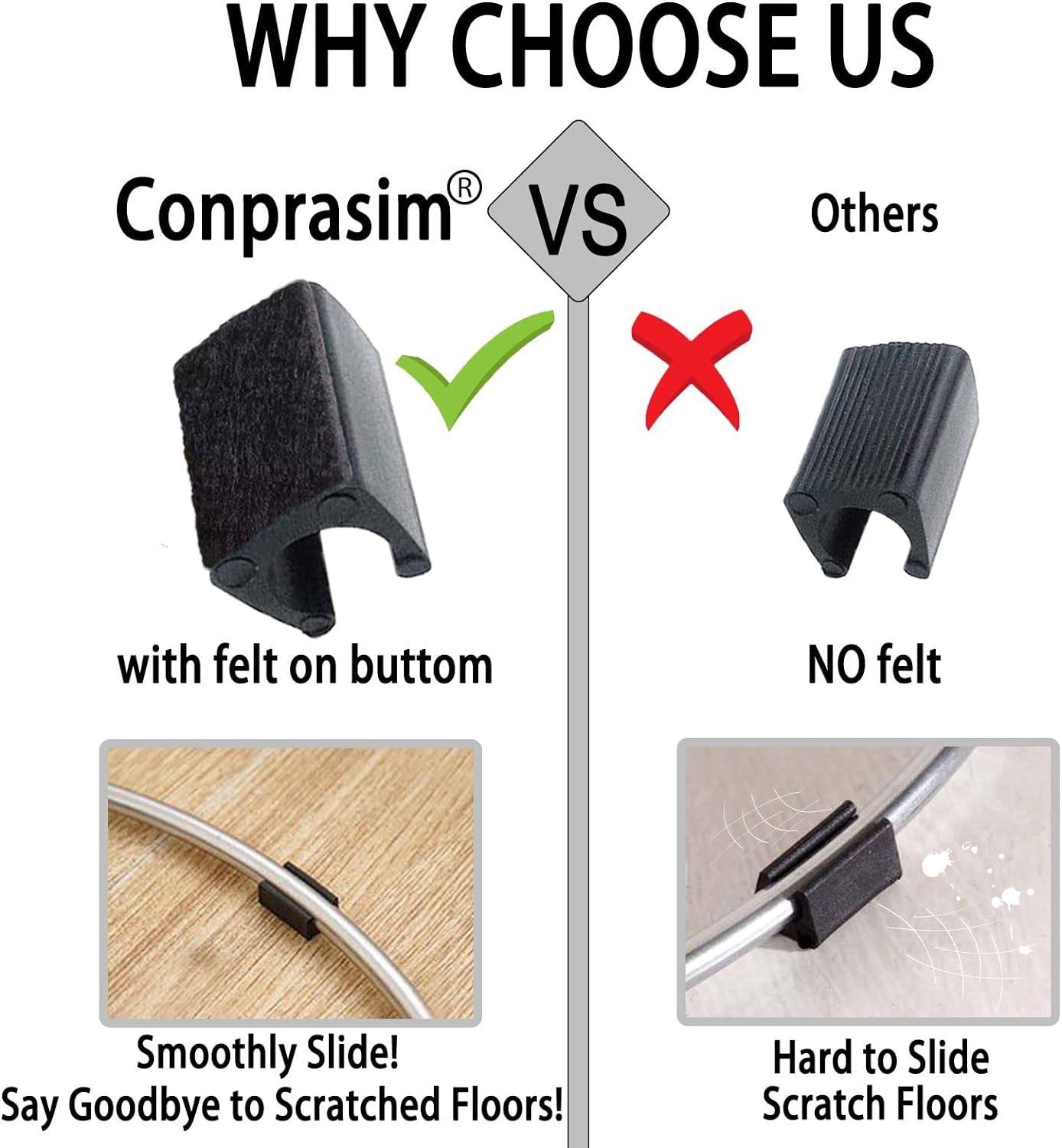 Rectangle U Shaped Chair Leg Tips Caps with Felt Pads,Furniture Feet Protector Slide Smoothly Glides No Scratches No Noise Protect Hardwood Floor,Fit 12mm(15/32inch) Diameter Tubular Leg (Black 24PCS)