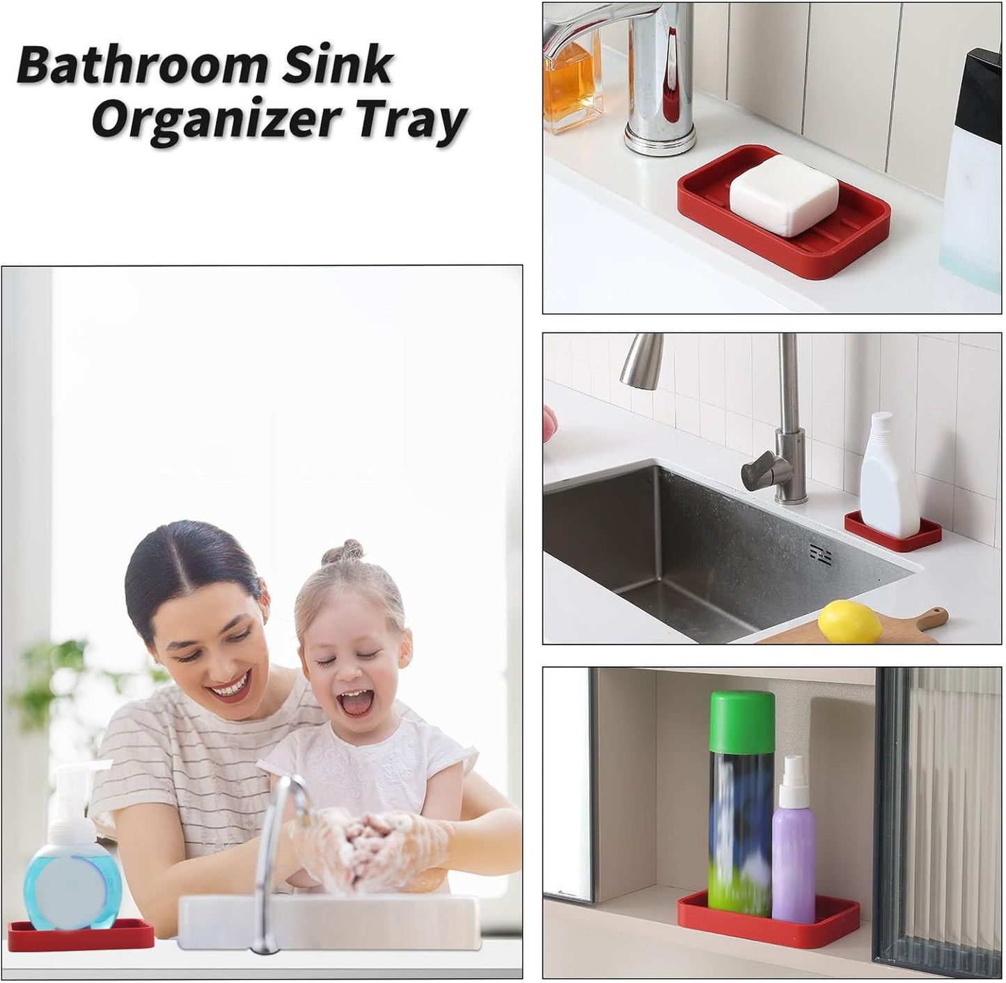 Silicone Kitchen Sink Organizer Tray for Multiple Usage,Easy Clean Sponges Holder for Kitchen Bathroom Counter or Sink,Dish Soap Dispenser,Scrubber,Bottle,Cup Red 4.9”x 3.2”