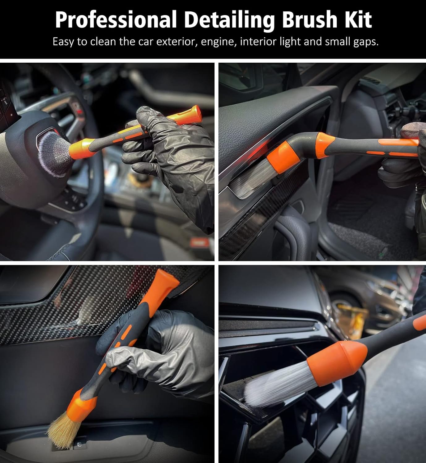 YeewayVeh 3pcs Car Detailing Brush Set, 1pc Boars Hair Detailing Brushes,1pc Ultra Soft Detail Brush for Air Vent Leather Seat, 1pc Scratch Free Car Detailing Brushes for Interior Exterior, Orange