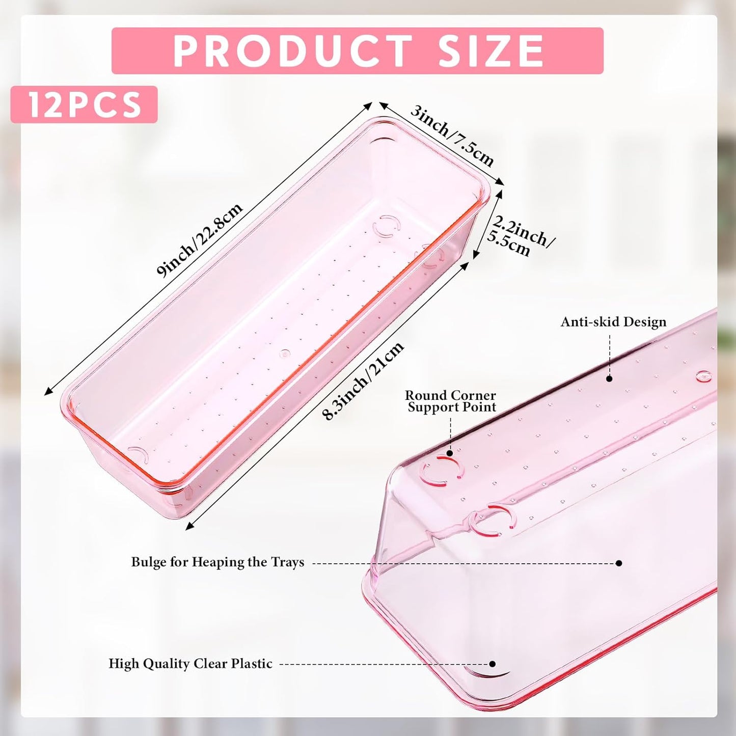 Maitys 12 Pcs Vanity Drawer Organizer 9 x 3 x 2 Inches Clear Plastic Utensil Organizers Kitchen Drawers Dividers for Office Desk Silverware Kitchen Utensils Cosmetics and Bathrooms(Pink)