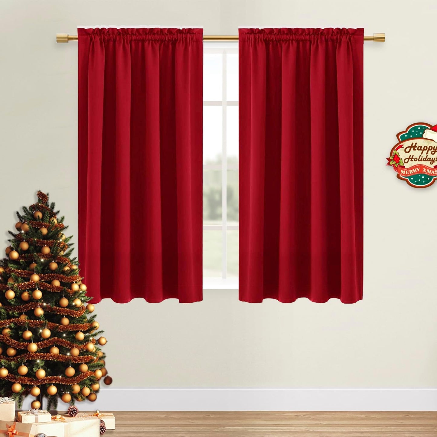 DWCN Christmas Blackout Curtains Thermal Insulated Energy Saving Bedroom and Kitchen Curtains Window Treatments, W 38 x L 45 Inch, Set of 2 Red Rod Pocket Drapes