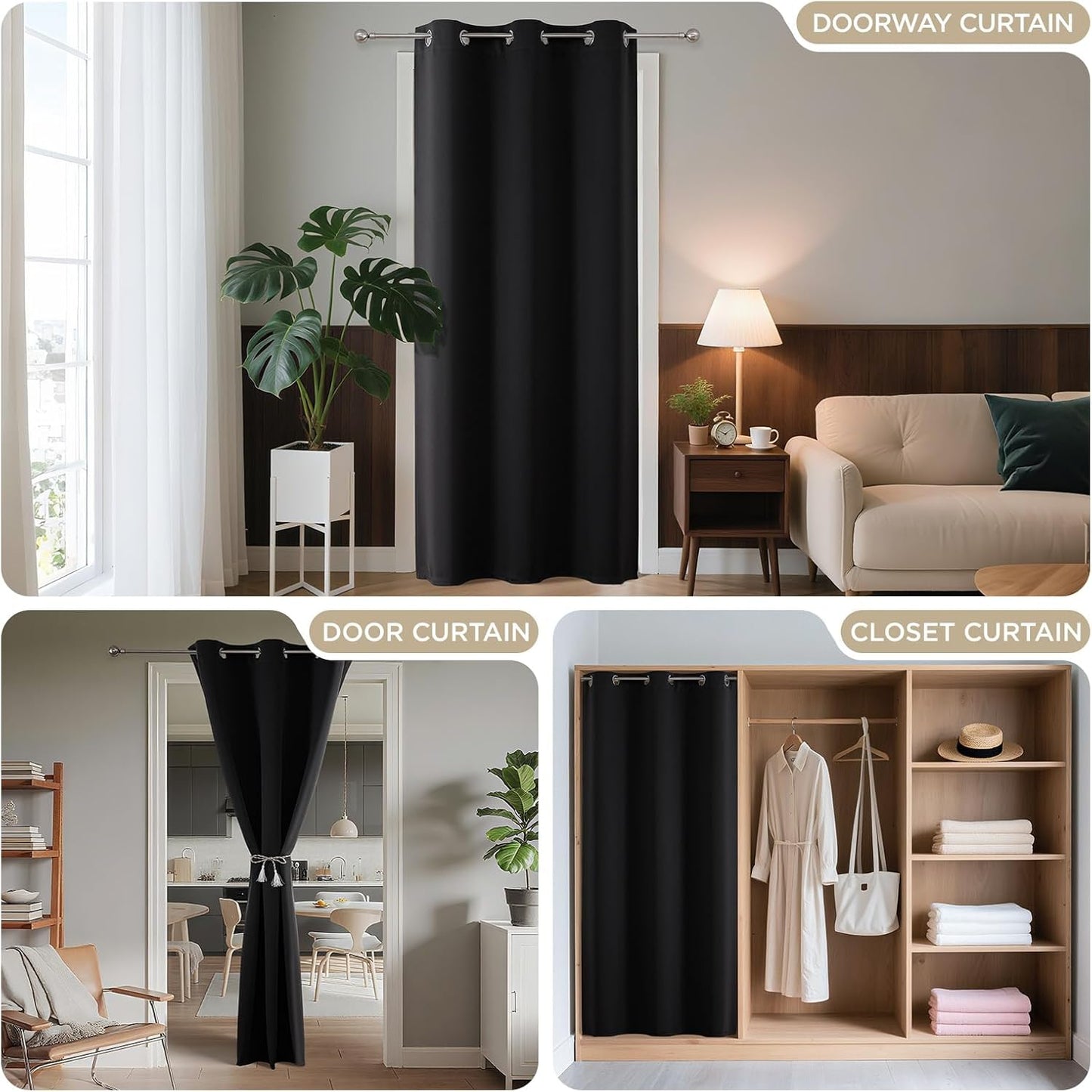 Joydeco Blackout Door Curtain for Doorway Privacy 78 Inches Long, Grommet Closet Curtain for Open Closet, Room Divider for Bedroom Living Room (Black, 40Wx78L, 1 Panel)