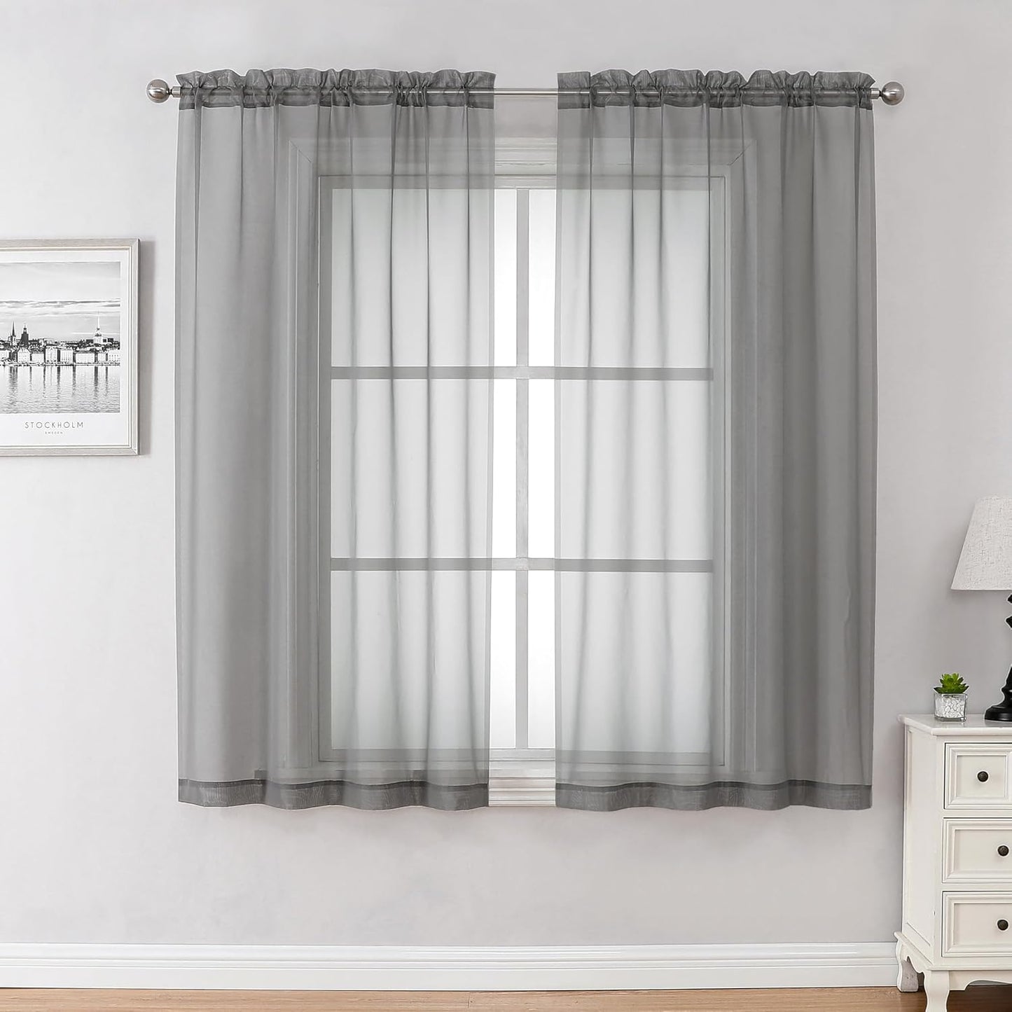 Chyhomenyc Voile Sheer Window Curtain Panels 54 Inch Long, Set of 2, Top Dual Rod Pockets Light Filtering Drapes for Small Window/Bathroom/Living Room/Bedroom, 42W x 54L inches, Charcoal Grey