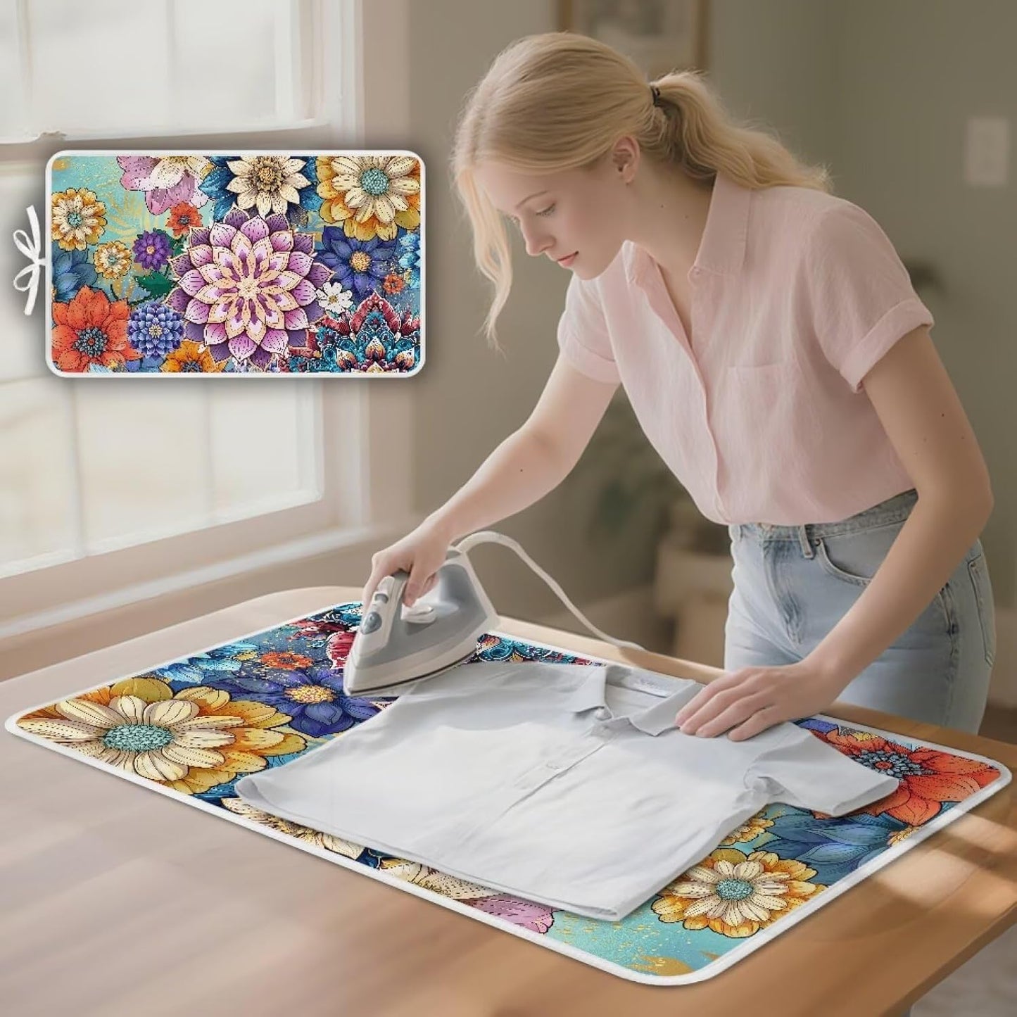 Ironing Mat Boho Flower Portable Ironing Pad Blanket for Table Top Heat Resistance Travel Small 32 x 16 Inch Foldable Lightweight Iron Mats for Washer and Dryer