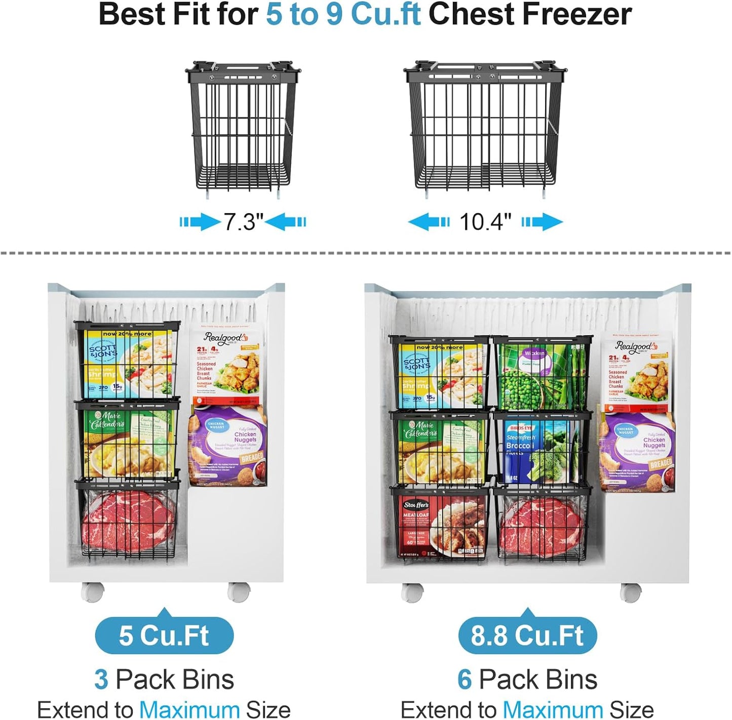 iSPECLE Freezer Organizer Bins - 4 Pack Adjustable & Extra Large Chest Freezer Organizer Bins for 5 to 9 Cu.Ft Deep Freezer, Easy Organize Basket Store More, Stackable No Wasted Space, Black