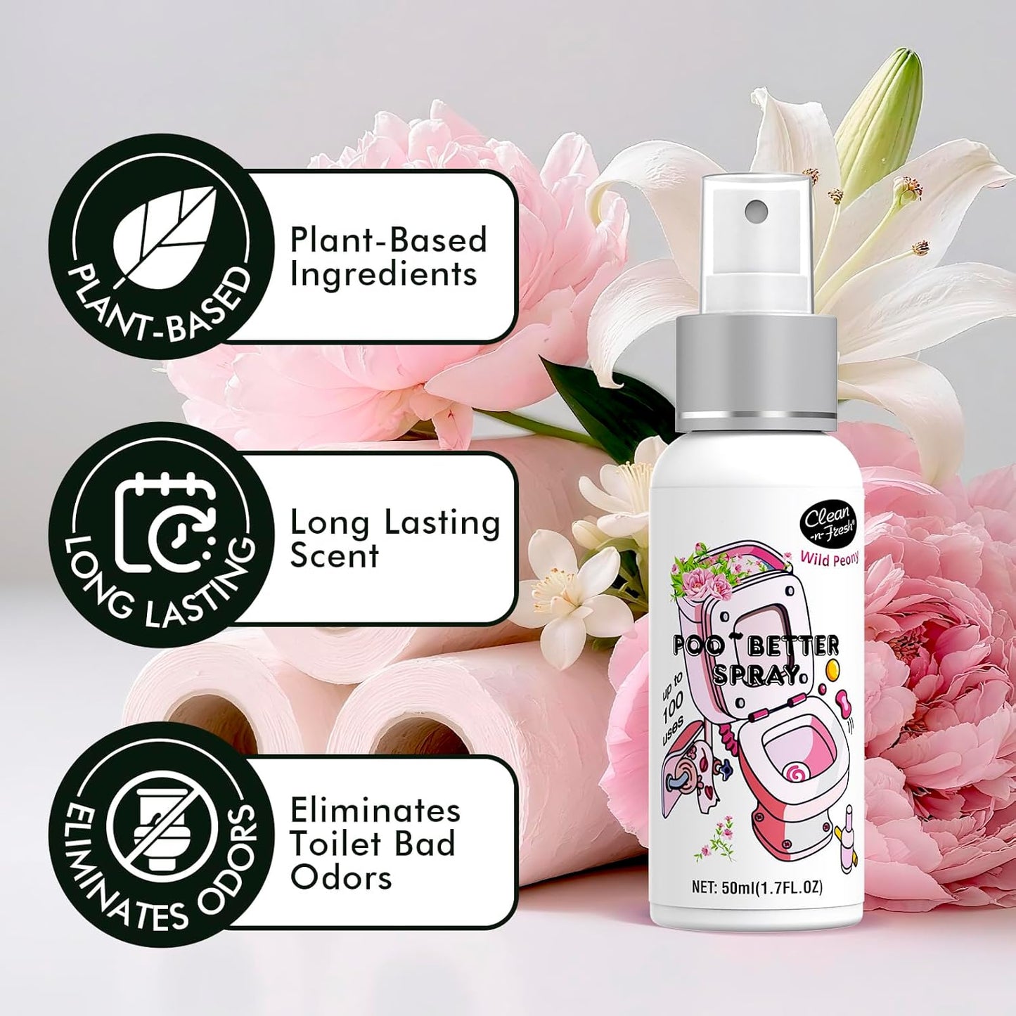 Clean-n-Fresh Toilet Spray 8.5 Fl Oz, Travel Size Variety 5 Pack - Citrus, Peony, Lavender, Eucalyptus, Ocean Mist, Instantly Eliminate Bathroom Odor, Air & Toilet Freshener, Each 1.7 Fl Oz