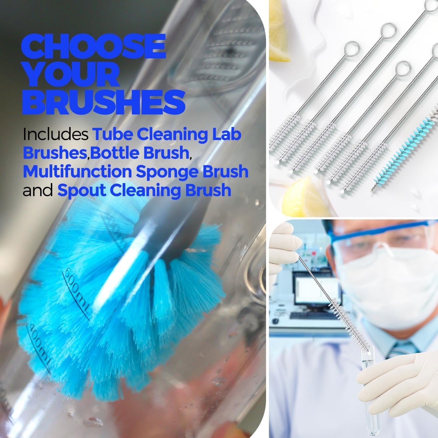 Holikme Bottle Brush Tube Cleaning Lab Set with Long Handle, Cup Cleaner for Washing Narrow Neck Beer Wine Decanter Pipes Lids Sinks Cap Covers, Azul