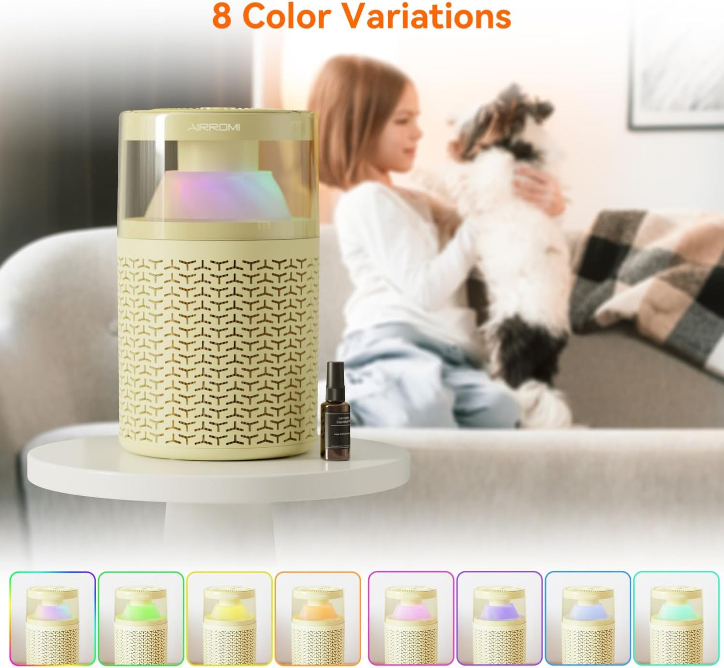 AIRROMI Pet Air Purifier for Home Bedroom Covers 658 Ft²,with Activated Carbon Filter,Aromatherapy,Nightlight, and Quiet 360°Intake Tackles,Filters Smoke,Pet Hair,Dander,Allergies,Odors,A2002 Yellow