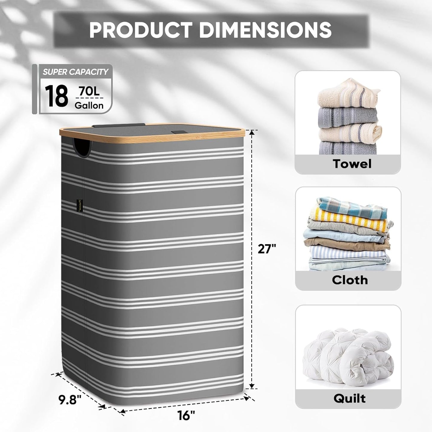 BALEINE Laundry Hamper with Lid, Tall Laundry Baskets with Bamboo Pull Handles, Large Laundry Bin with Internal Support (18 Gal/70L, Grey Pinstripe)