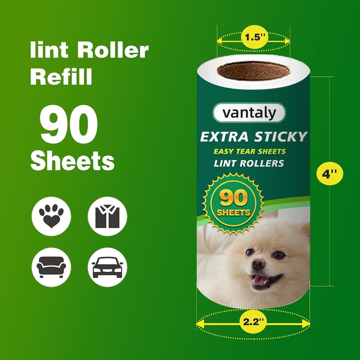 Extra Sticky Lint Roller Refills,Fits Most 3.9"-4" Standard Size Lint Roller with Inner Diameter at 1.5", 8 Pack with 720 Sheets Total, Pet Hair Remover for Clothes, Car, Furniture