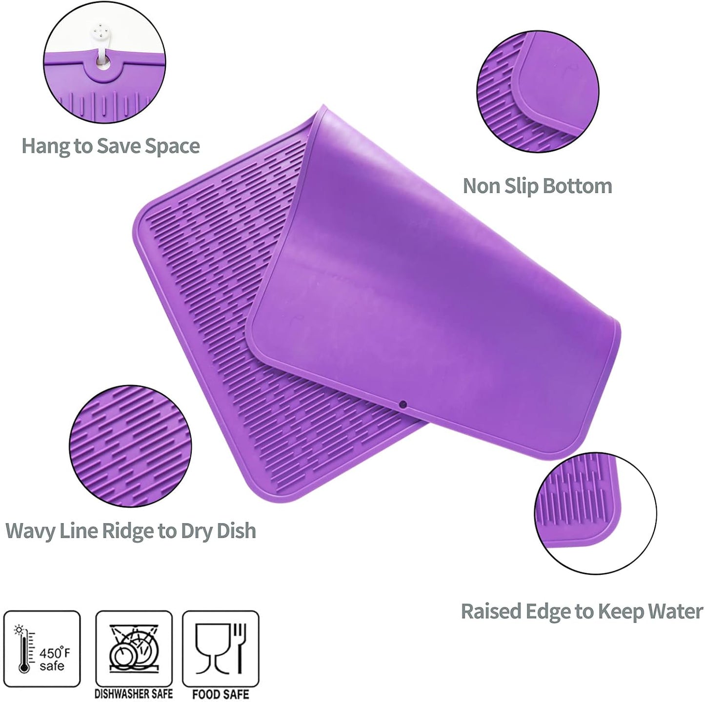 Silicone Dish Drying Mat for Multiple Usage,Easy clean,Eco-friendly,Heat-resistant Silicone Mat for Kitchen Counter or Sink,Refrigerator or Drawer Liner Purple 3XL 28 inches x 18 inches