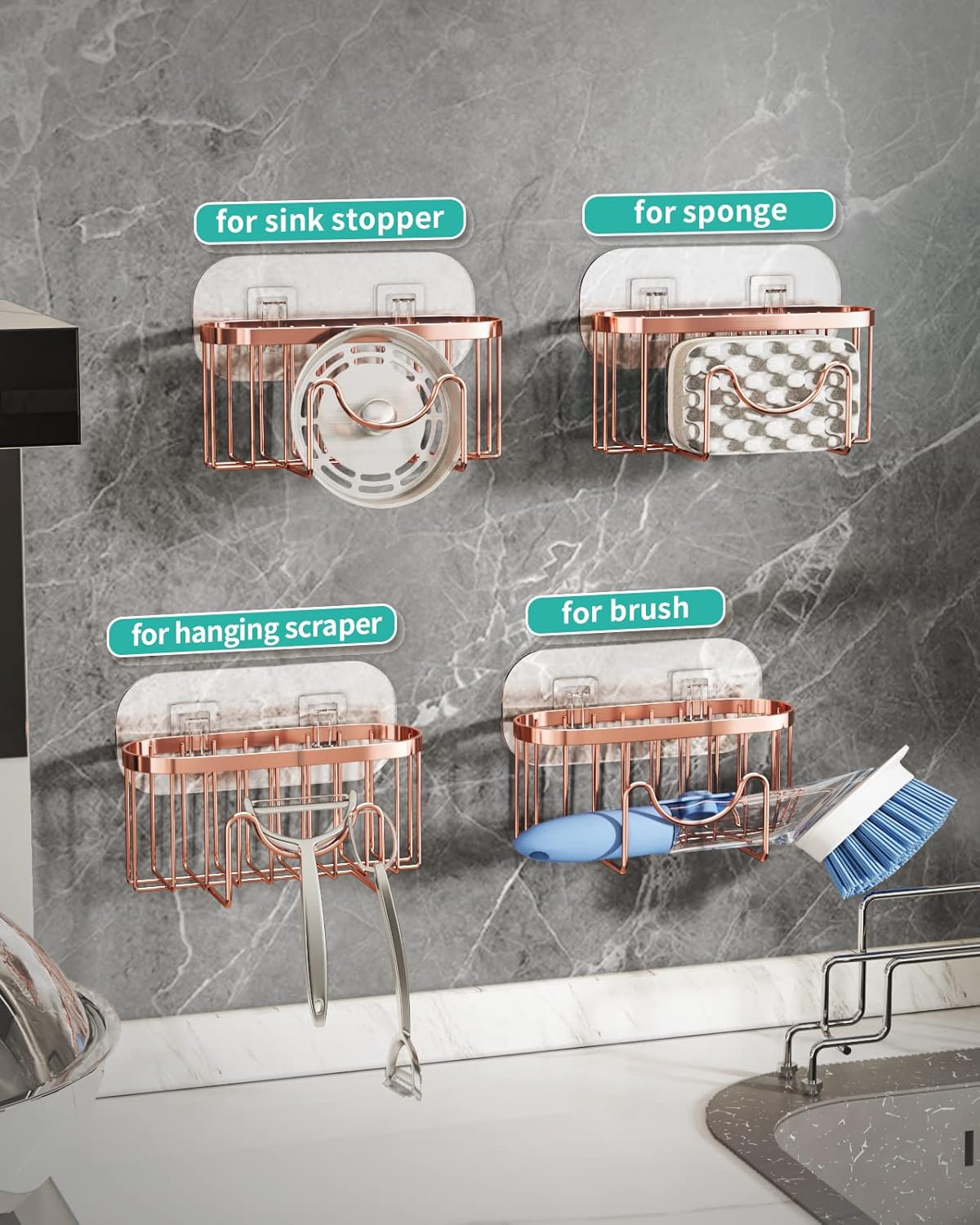 HapiRm Multifunctional Sink Sponge Holder with Unique M-Shaped, 2 Installation Ways Kitchen Sink Caddy, Stainless Steel Kitchen Organizer for Sponge, Brush and Scraper - Rose Gold