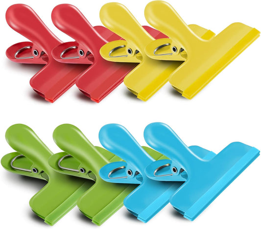 HOUSE AGAIN 8 Pack Stainless Steel Chip Bag Clips Covered with Silicone - NO More Sharp Edges - Color Coded for Food Bags - Air Tight Seal, Heavy Duty, 3 Inches Wide, Red, Yellow, Blue, Green