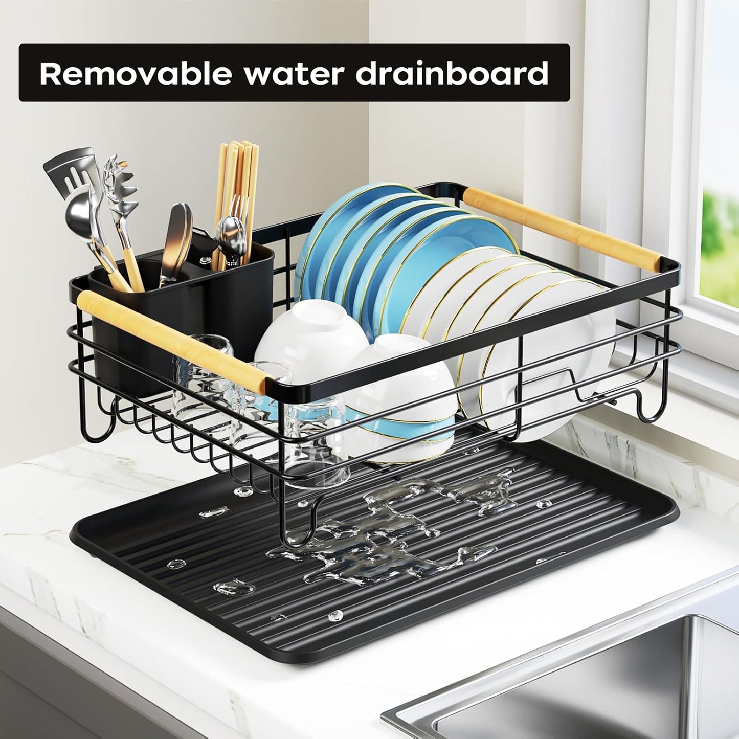 Dish Racks for Kitchen Counter: Wooden Handles, Thickened Metal, No Assembly. Small Dish Drying Rack: Ideal for Small Households. Drying Rack Kitchen: Black