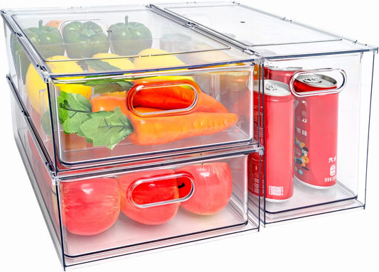 MineSign Stackable Fridge Drawer Pull-Out Bins with Handles 3 Pack Large Clear Food Container with Removable Dividers Refrigerator Storage box Divided Produce Saver for Pantry Kitchen