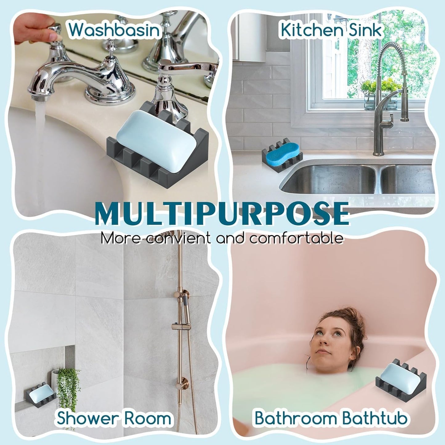 Silicone Soap Dish for Bar Soap Holder for Shower Bathroom Self Draining Waterfall Drying Tray Keep Soap Bars Dry Clean & Easy Cleaning (Gray, 1)