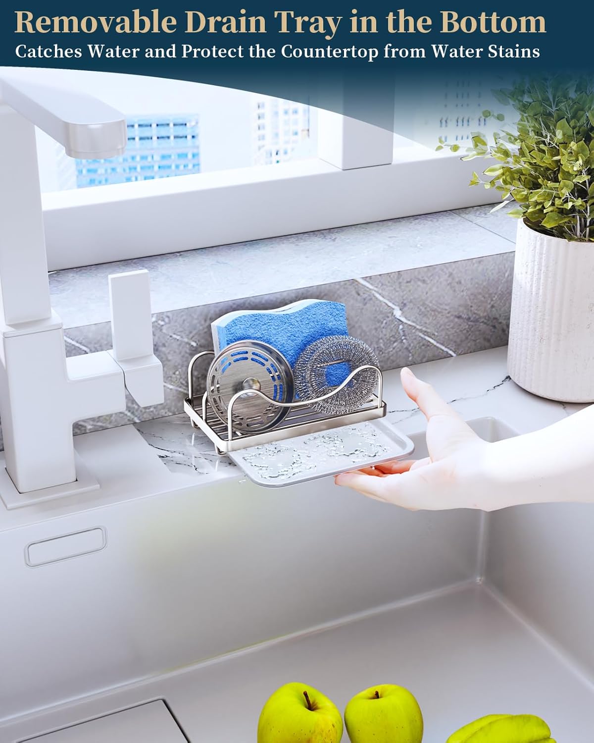 Consumest Sponge Holder for Kitchen Sink - Movable Sink Caddy for Countertop Organizer, 304 Stainless Steel Sponge Holder with Detachable Drip Tray for Kitchen Accessories, Sand Nickel