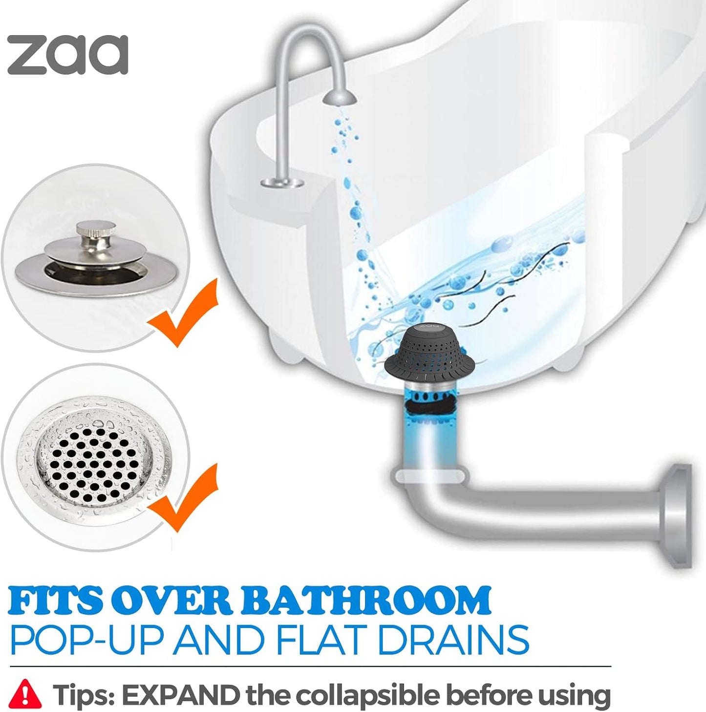 zaa Bathtub Drain Hair Catcher, 2 Pack Silicone Collapsible Bathtub Drain Cover Hair Catcher & Protector for Pop-Up & Regular Drains of Shower, Bathtub, Tub, Bathroom, Sink, Gray & Black