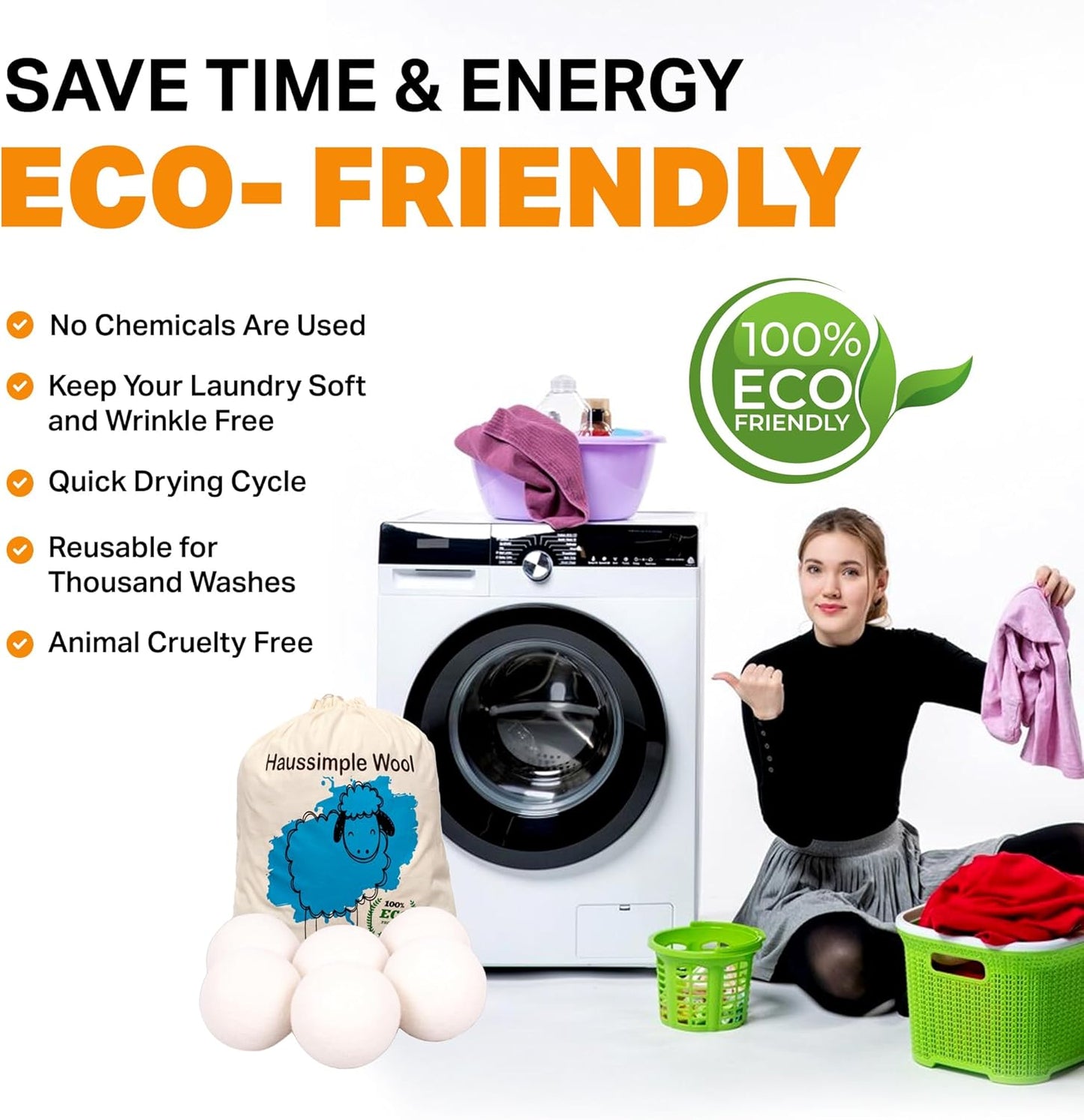 Wool Dryer Balls Organic Felt 6 Pack Laundry Fabric Softener, Extra Large Reusable Handmade Natural Sheep Wool Lint Wrinkle Free Anti Static Baby Safe (Plain White)