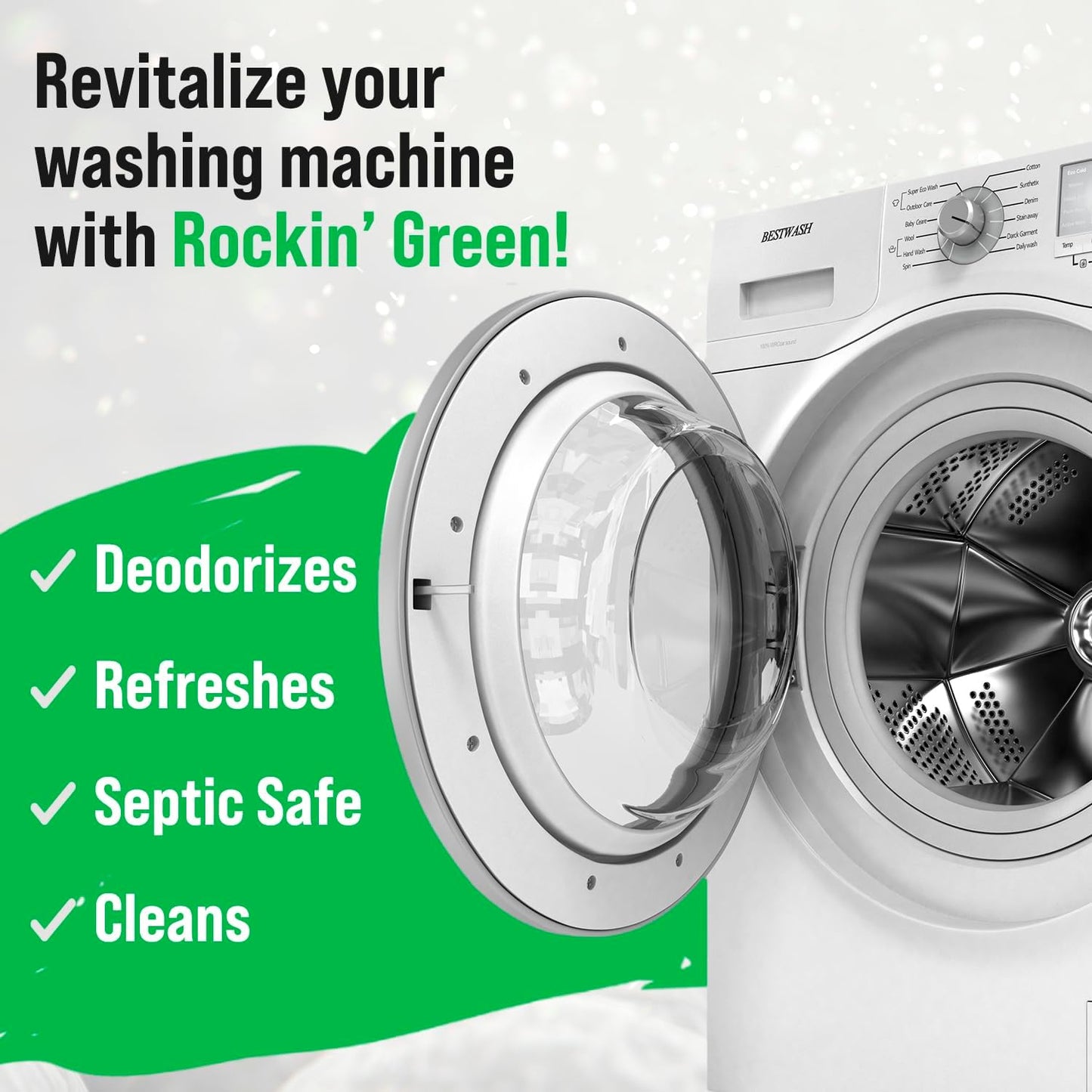 Rockin' Green Deep Cleaning and Deodorizing Tablets for Dishwashers, Washing Machines, and Garbage Disposals, Removes Odor and Residue (Washing Machine Cleaning Tablets, 24 Pack)