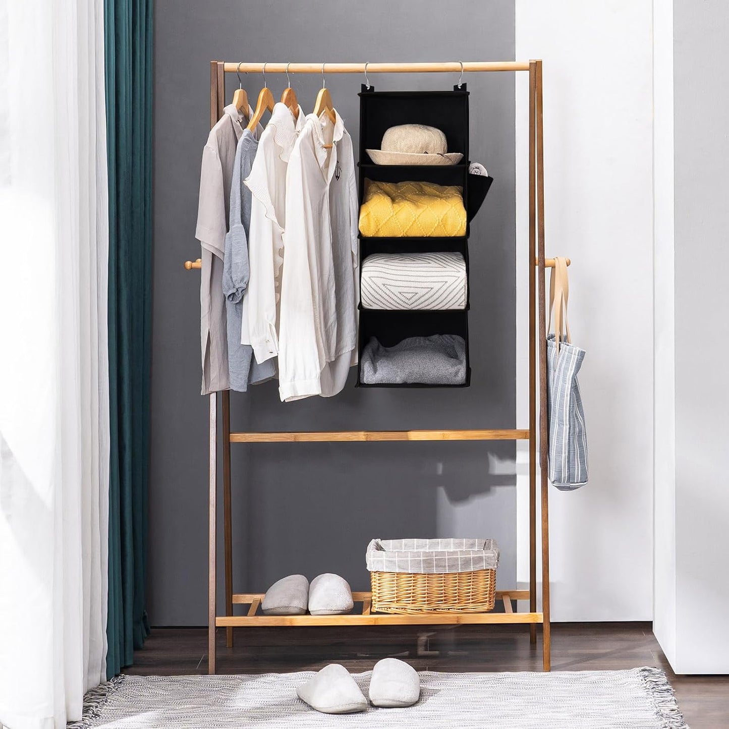 YOUDENOVA Hanging Closet Organizer, 4-Shelf Closet Hanging Storage Shelves, Black