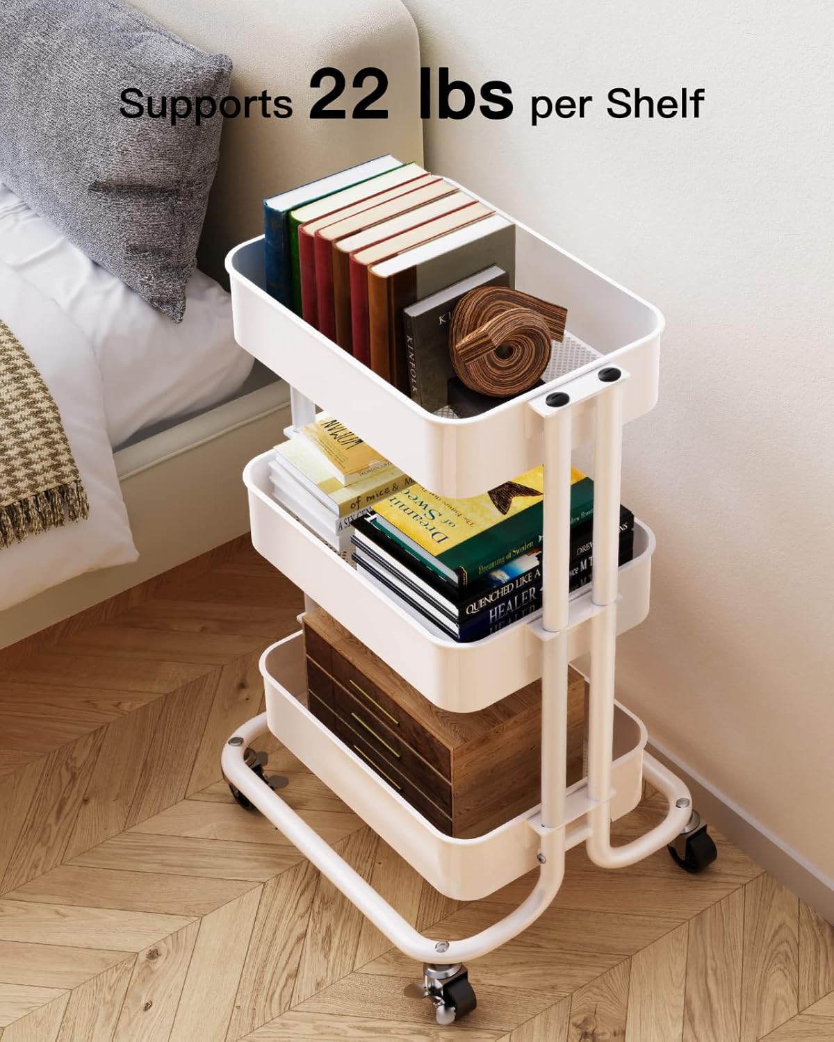 Pipishell 3 Tier Metal Rolling Utility Cart, Heavy-Duty Storage Rolling Cart with 2 Lockable Wheels, Multifunctional Mesh Organization Utility Cart for Kitchen Dining Room Living Room (White)