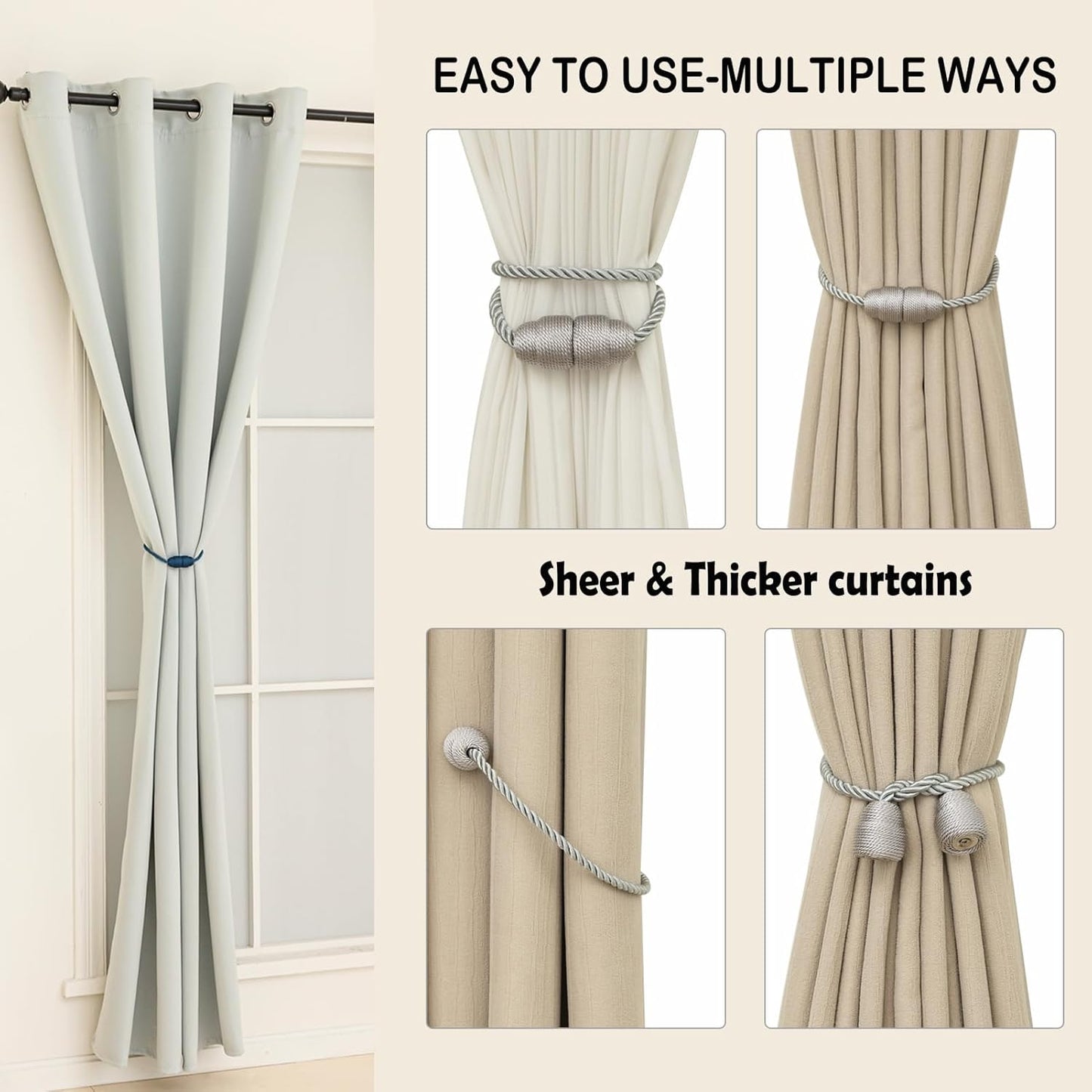 Magnetic Curtain Tiebacks - Rope Tiebacks for Curtains & Drapes, Decorative Window Holdbacks, Grey (2 Pack)