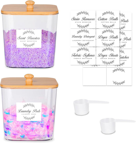 efluky 2 Pack Laundry Pods Container & Dryer Sheet Holder Set,Clear Laundry Room Organization Containers with Bamboo Lids and Labels,Laundry Pods Holder for Scent Booster,Powder,Pod