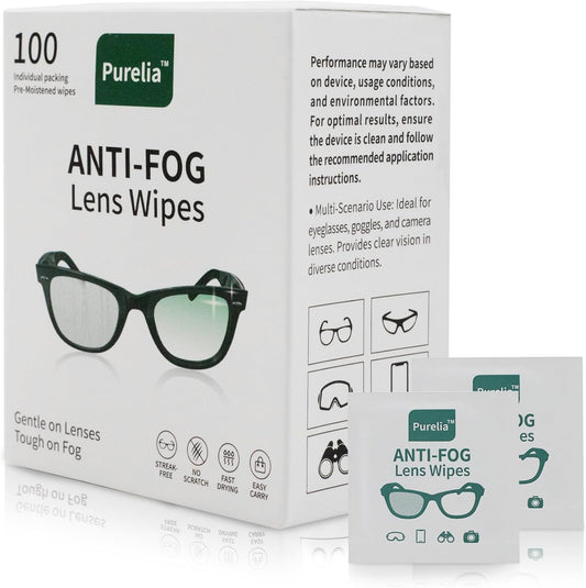 Anti-Fog Lens Wipes,100 Count, Quick-Clean Lens Cloths for Eyeglasses, Goggles, Screens, Portable Individually Wrapped Sheets, Pre-Moistened Cleaning Wipes for Eyeglasses