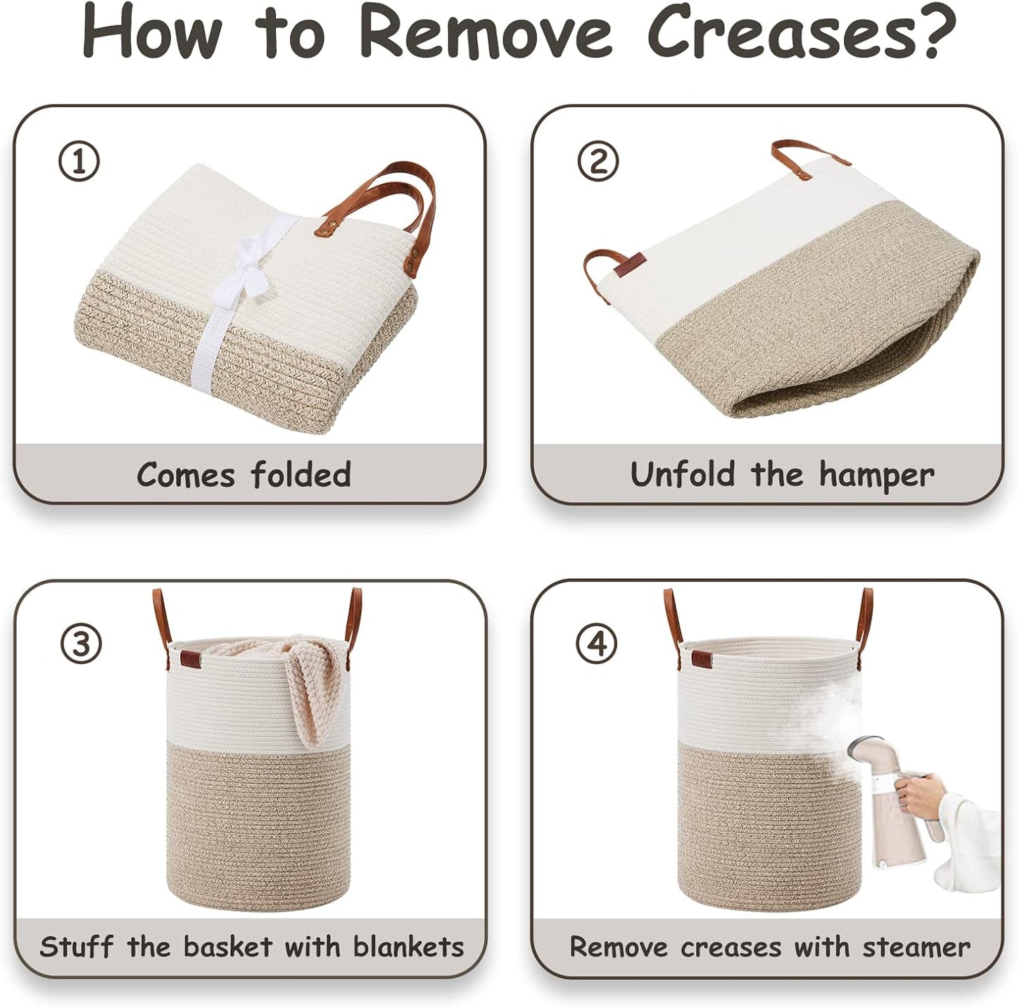 VIPOSCO Tall Laundry Basket, Large Dirty Clothes Hamper with Leather Handle, Woven Rope Storage Basket for Blanket, Toy In Living Room, Bathroom, Bedroom - 72L White & Brown