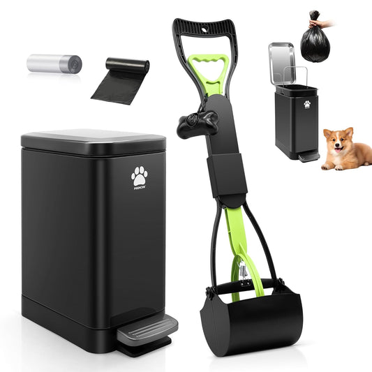 Dog Poop Trash Can Outside with Poop Scooper for Dogs, 12L/3.2Gal Metal Outdoor Garbage Can with Lid Suitable for Small, Medium and Large Dogs (Tungsten Steel)