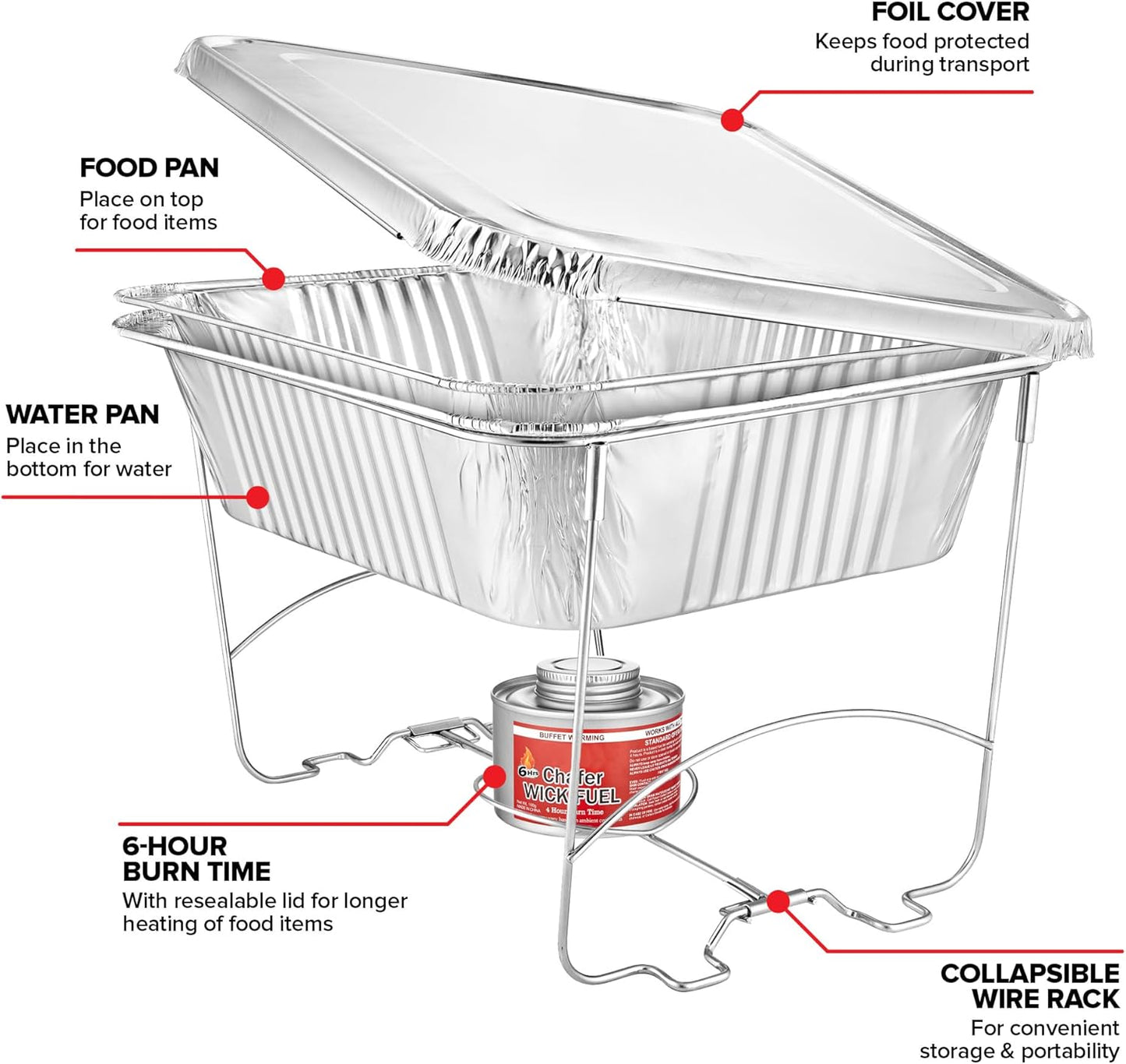 Complete Chafing Dish Buffet Set (39pc) Disposable Catering Supplies- Includes Serving Utensils, 6hr Fuel cans, 6 Half Size Chafing Pans & Wire Racks- Premium Party Food Warmer Trays