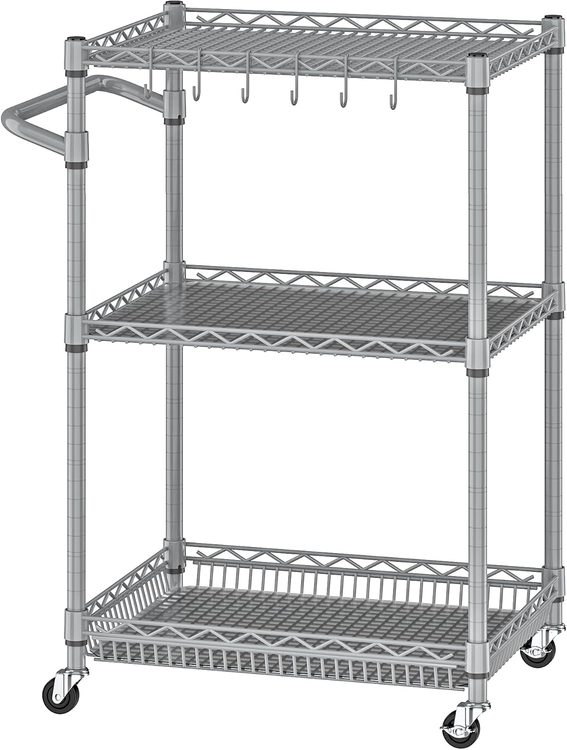 Metal Carts with Wheels,3 Tier Rolling Utility Carts with Storage, Steel Wire Service Cart with Handle Bar&Shelf Liner, Commercial Grade Kitchen Trolley for Indoor & Outdoor Use