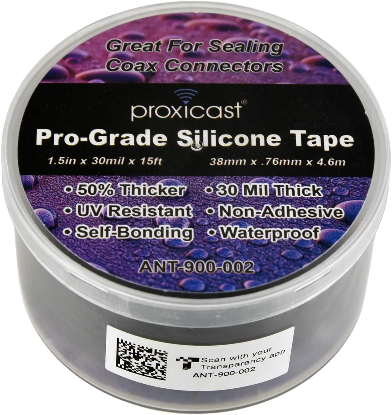 Proxicast Pro-Grade Extra Strong 30mil Weatherproof Self-Fusing Silicone Rubber Sealing Tape For Outdoor Antenna Coax & Electrical Cables, Hose/Pipe Leaks & Emergency Repairs (1.5" x 15' roll) - Clear