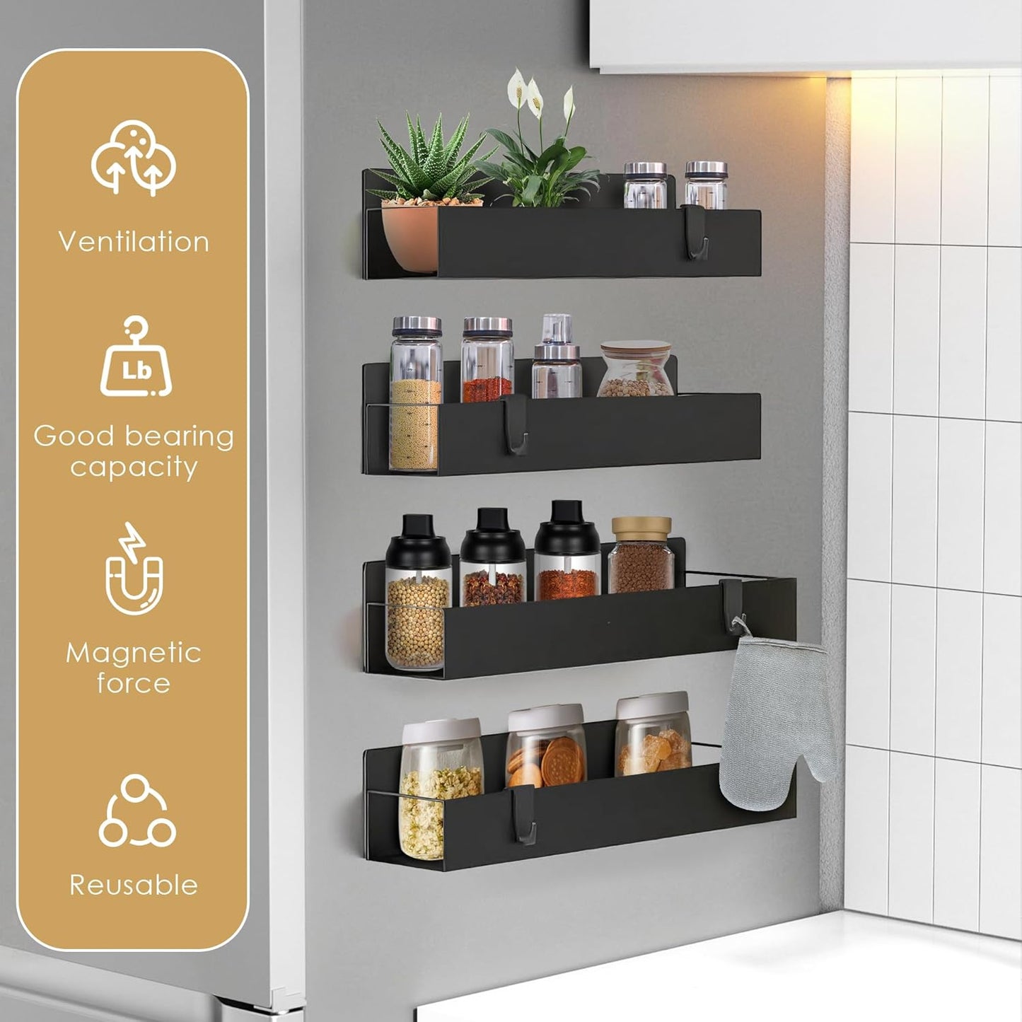 Cosy Family 4-Pack Strong Magnetic Metal Spice Rack Organizer for Refrigerator & Oven - Rustproof Black Fridge Shelves with Hooks for Kitchen Storage & Organization