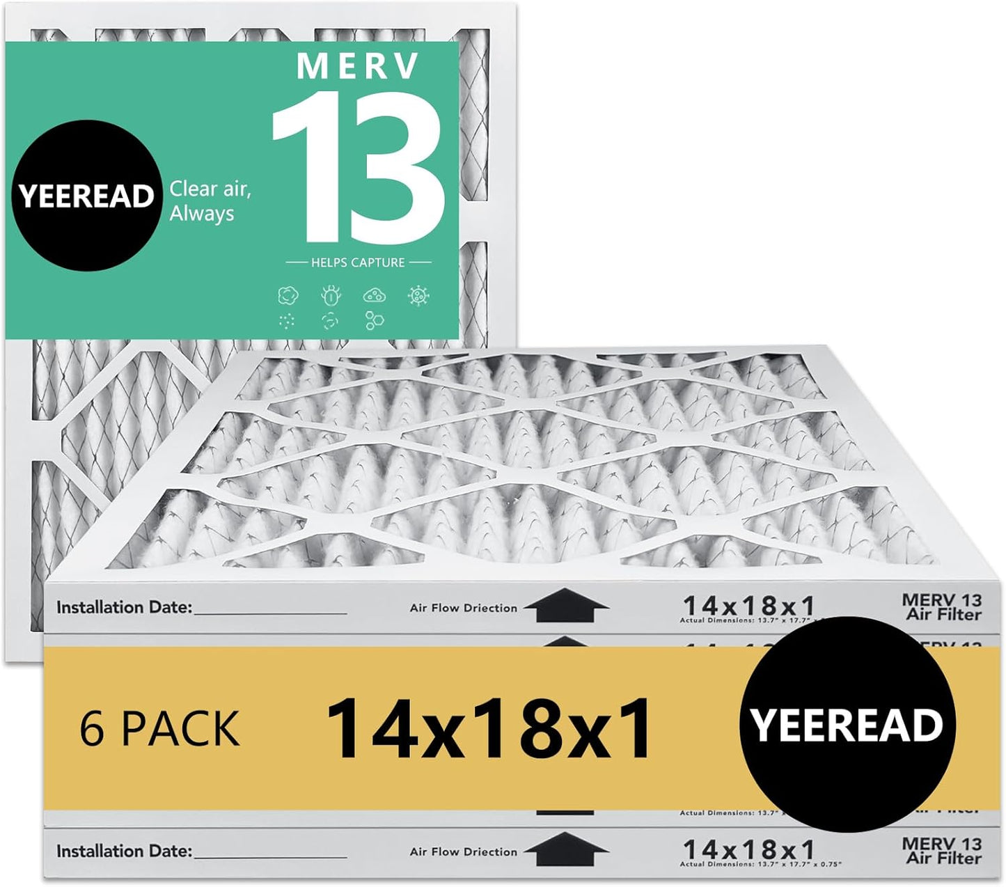14x18x1 MERV 13 Air Filters, 6-Pack, Actual Size: 13.7" x 17.7" x 0.75", Pleated Design with Enhanced Filter Media for Superior Filtration,Perfect for HVAC, AC & Furnace Systems