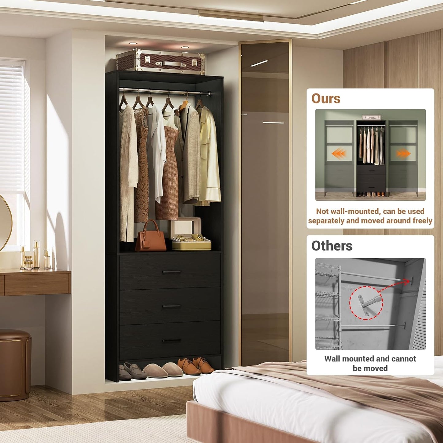 Aheaplus 2FT Closet System with 3 Drawers, 24’’ Closet Organizer, Wood Closet Organizer System, Walk-in Closet or Small Closets Wardrobe, Clothes Rack with Hanging Rods,-E7, Black