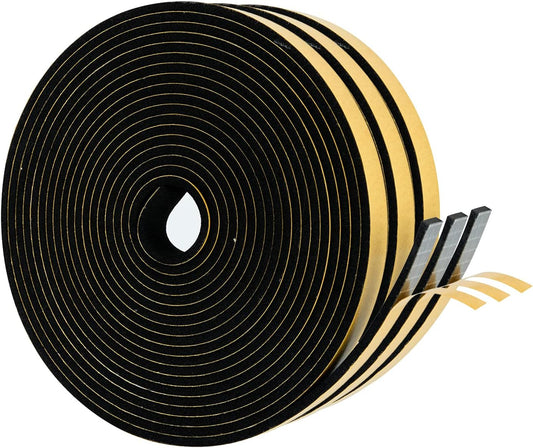 High Density Foam Weather Stripping Door Seal Strip Insulation Tape Roll for Insulating Door Frame, Window, Air Conditioner | Self Adhesive Sealing Weatherstrip (Black, 1/4 in 1/8 in 50 Ft)