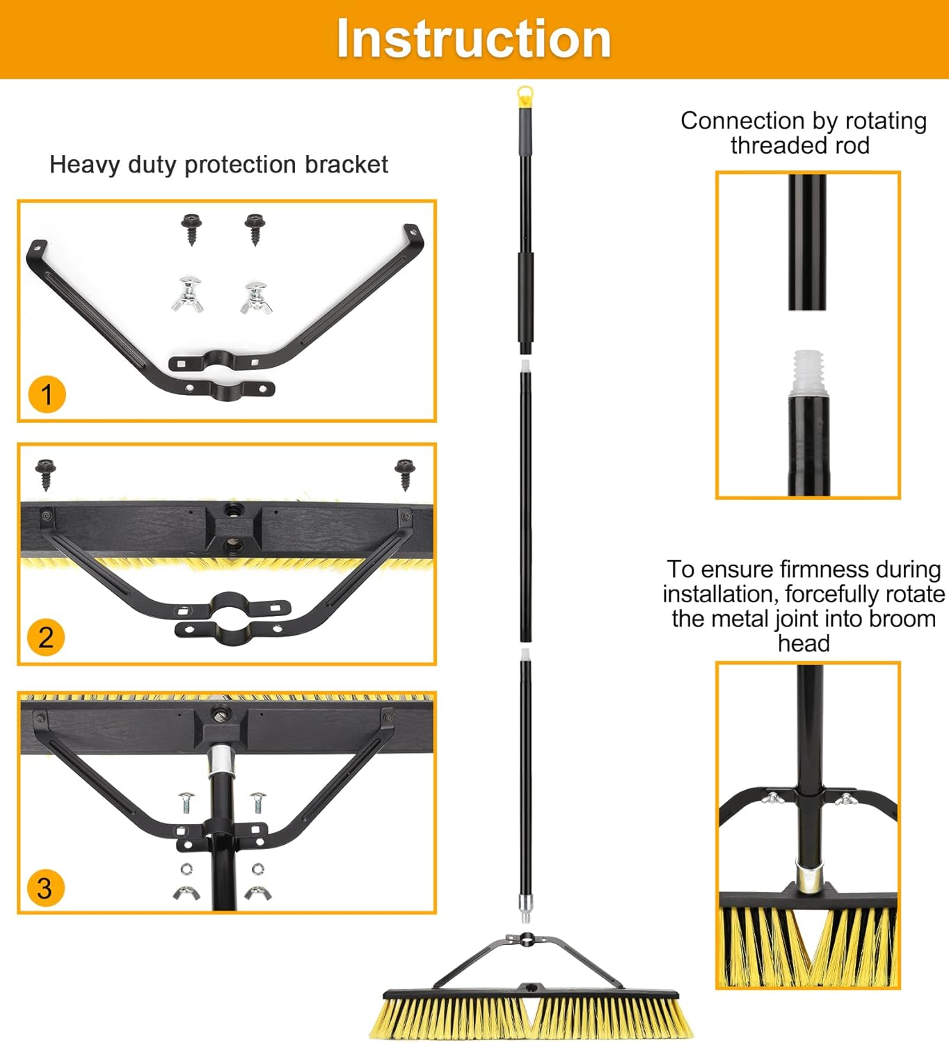 24 Inches Push Broom Outdoor Heavy Duty Broom with 63" Long Handle for Deck Driveway Garage Yard Patio Concrete Floor Cleaning Yellow