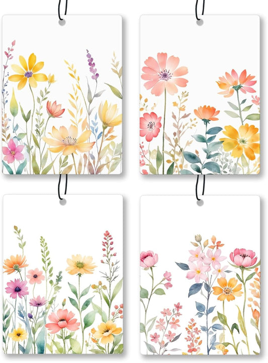 Watercolor Floral Car Air Freshener 4 Pcs, Rustic Cottagecore Flower Hanging Scents Air Freshener for Women Girls Gifts, Cute Aesthetic Scented Car Accessories Decor for Room Closet Drawer