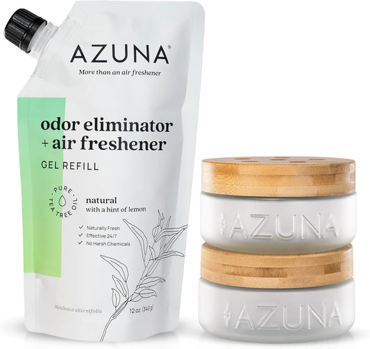Azuna Air Freshener & Odor Eliminator for Strong Odor | 2 Room Kit Includes (2) 8 oz. Empty Luxe Glass Jars & 12 oz | Refill with Tea Tree Essential Oil Gel | Natural Scent | Last 60-90 Days