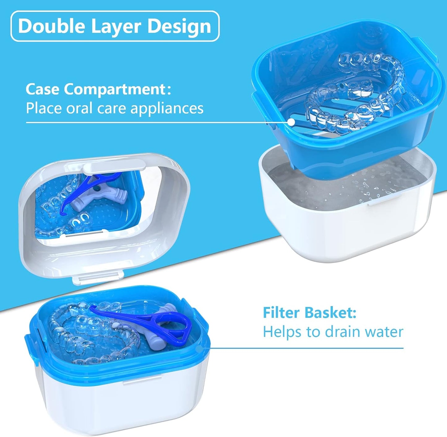BVN Denture Case Denture Cup for Soaking Dentures Retainer Cleaner Case with Mirror Mouth Guard Case False Teeth Container White Blue