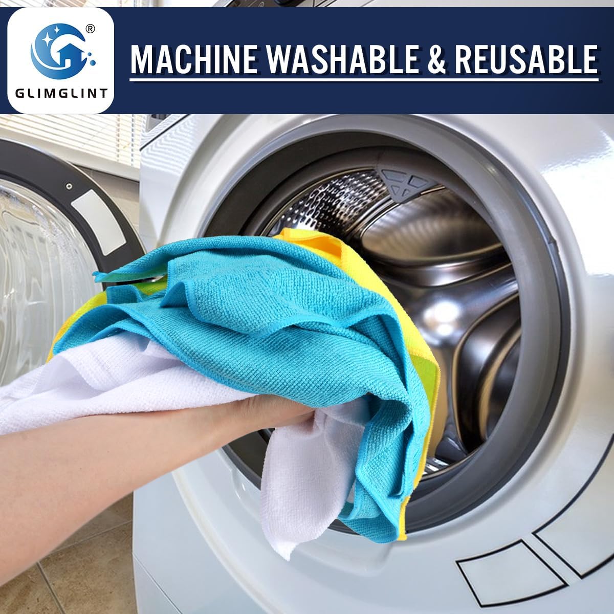 GLIMGLINT Microfiber Cleaning Cloth, 12 Pack Cleaning Rags, Cleaning Towels with 3 Color Assorted, 14"X12"(Yellow/White/Blue)