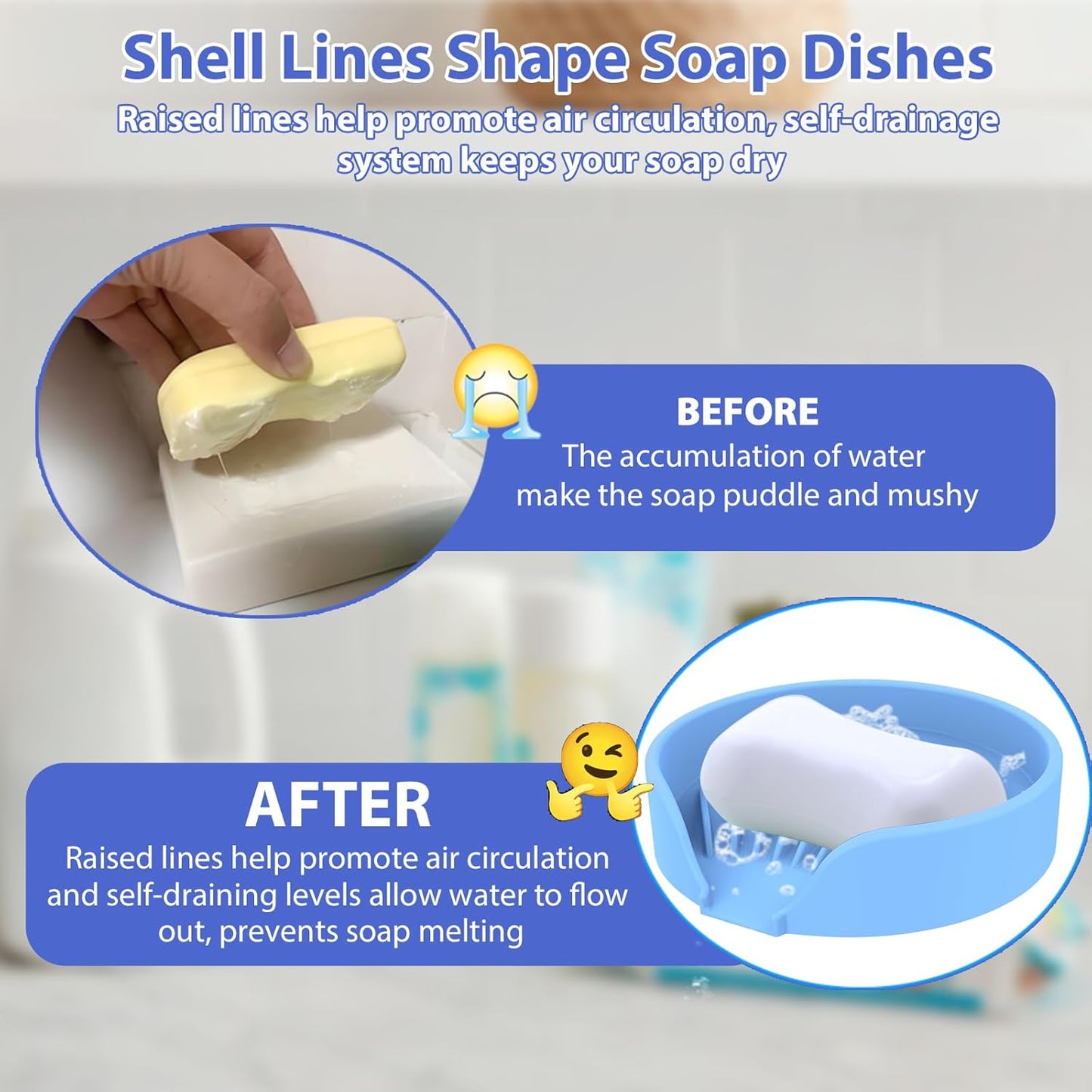 Self Draining Soap Dish, Silicone Suction Cup Soap Holder Tray Savers Container Sponge Holder for Bar Bathroom Shower Kitchen Sink, Can Extend Soap Life (2, Sky)