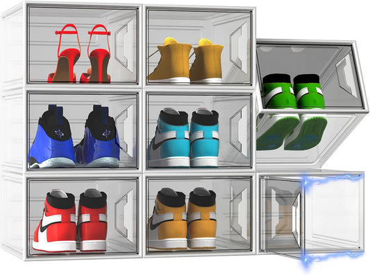 X-Large Stackable Shoe Boxes - Clear Plastic Shoe Storage Boxes with Magnetic Door, Thicken Shoe Organizer for Closet, Space Saving Foldable Shoe Containers Bins for Sneaker Boot - 8 Pack(White)
